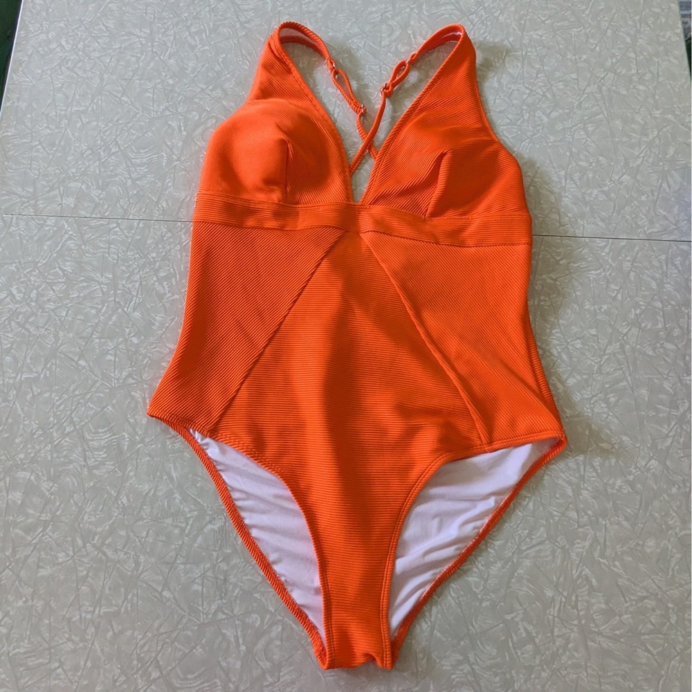 Cupshe‎ Orange Ribbed V-Neck One Piece Swimsuit Tummy Contouring XL